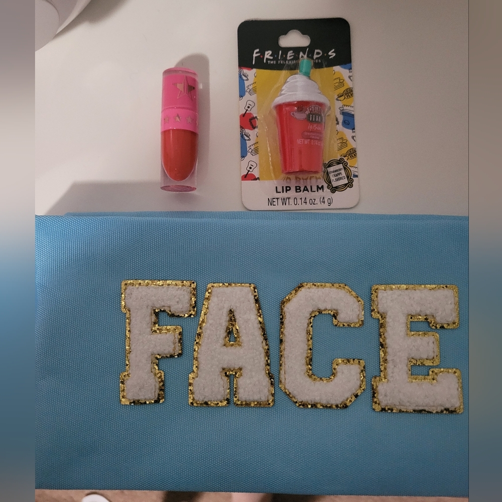 Cosmetic Set Of 3- Cosmetic Bag, Friends Lip Balm, & Mini Jeffree Start Lipstick